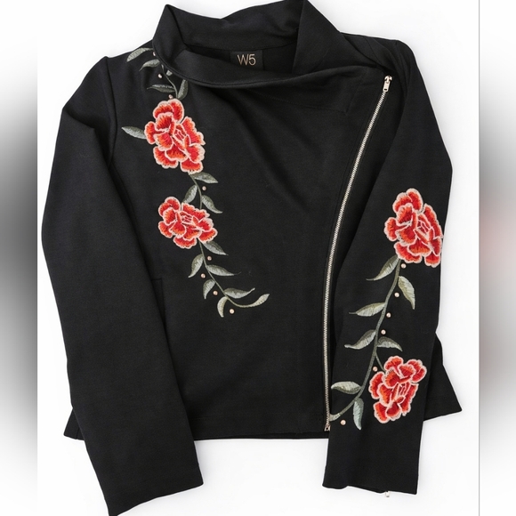 W5 Jackets & Blazers - W5 (Anthropologie) Med Black Embroidered Moto Jacket Asymmetrical Zip